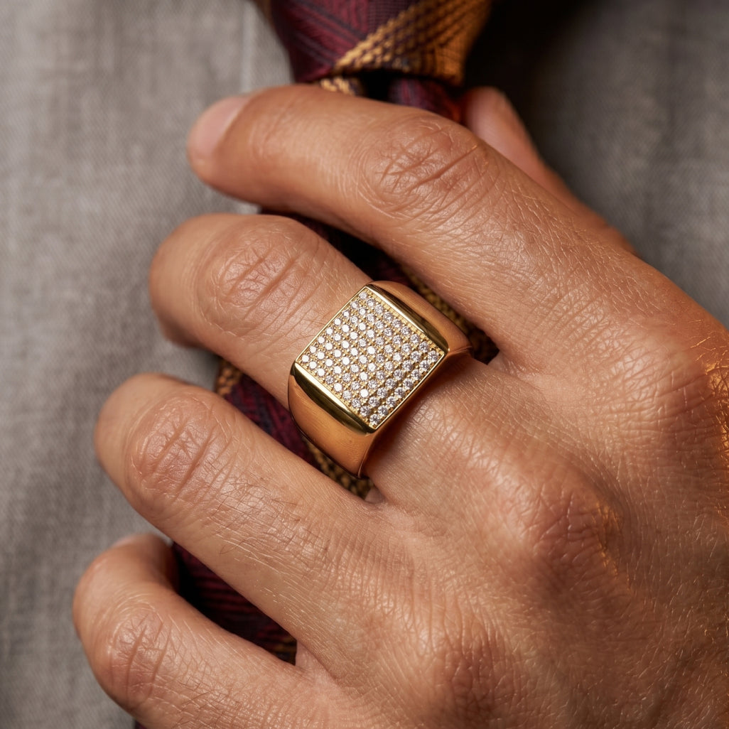 Full Pave Square Dome Signet Ring 18k gold vermeil