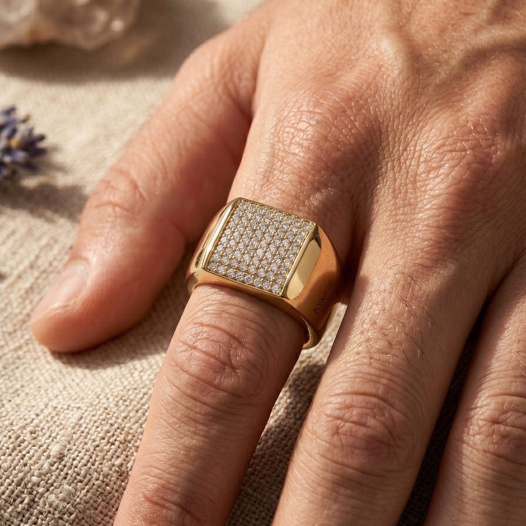 Full Pave Square Dome Signet Ring 18k gold vermeil