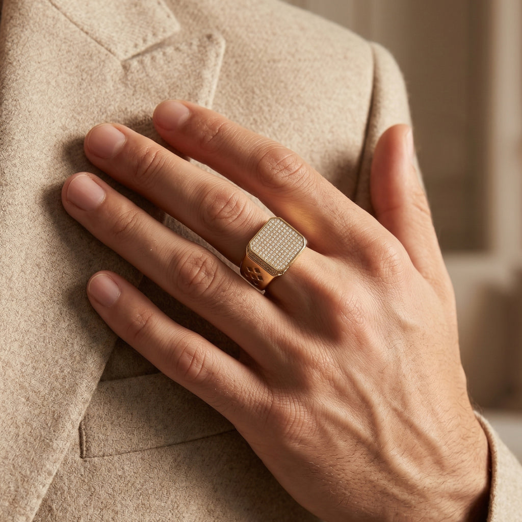 Full Pave Octagonal Diamond-Cut Signet Ring 18k gold vermeil
