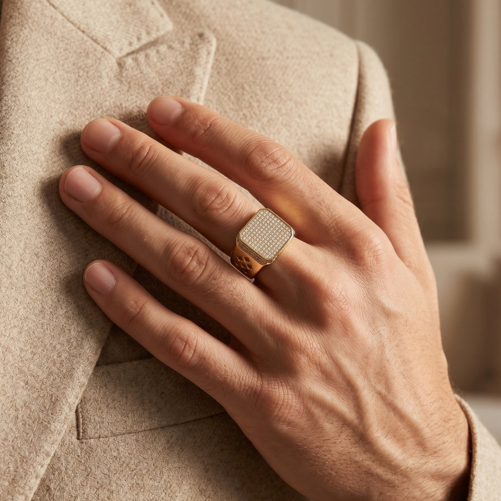 Full Pave Octagonal Diamond-Cut Signet Ring 18k gold vermeil