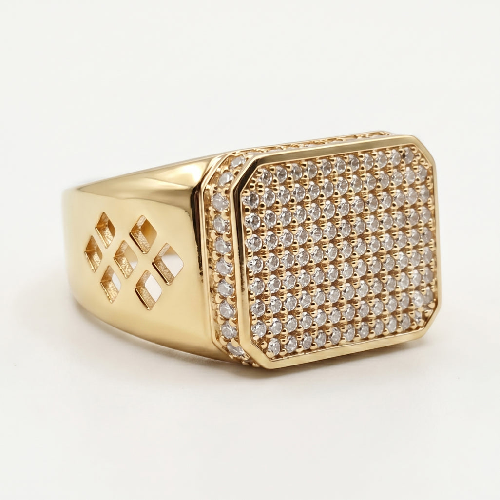 Full Pave Octagonal Diamond-Cut Signet Ring 18k gold vermeil