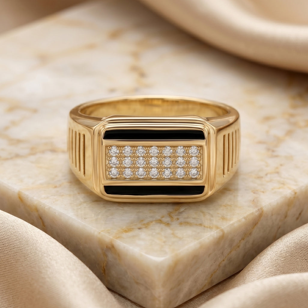 Black Enamel Stripe Pave Signet Ring 18k gold vermeil