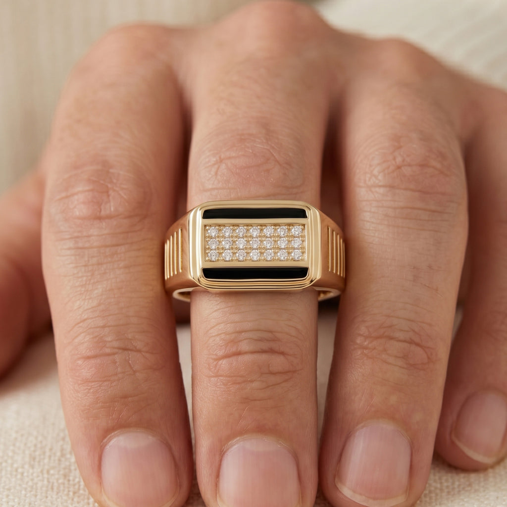 Black Enamel Stripe Pave Signet Ring 18k gold vermeil