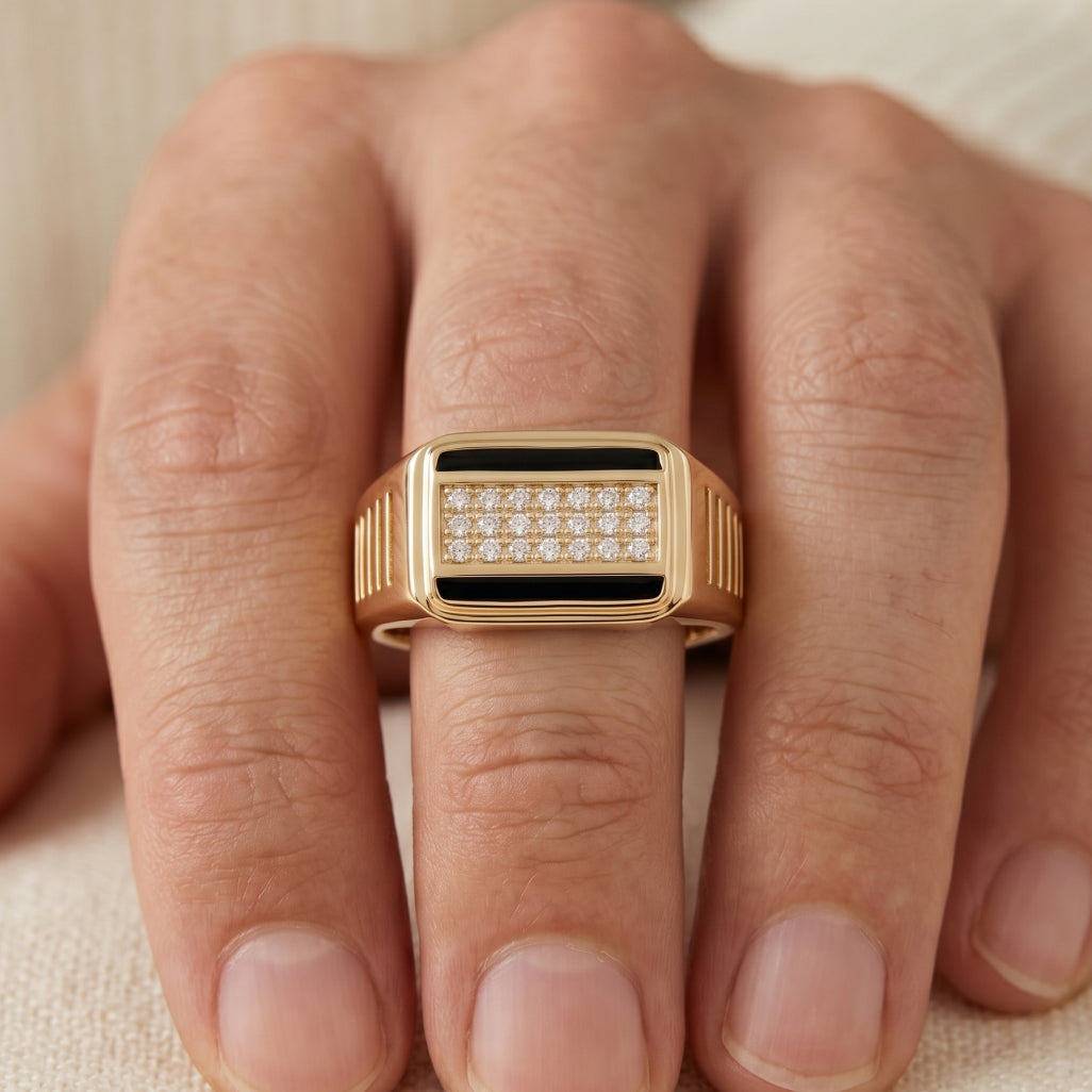 Black Enamel Stripe Pave Signet Ring 18k gold vermeil