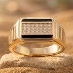 Black Enamel Stripe Pave Signet Ring 18k gold vermeil