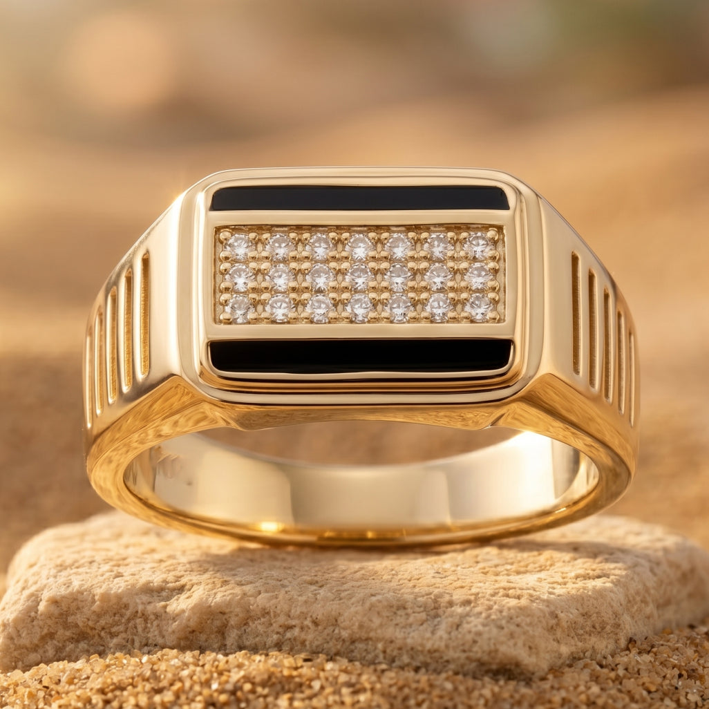 Black Enamel Stripe Pave Signet Ring 18k gold vermeil