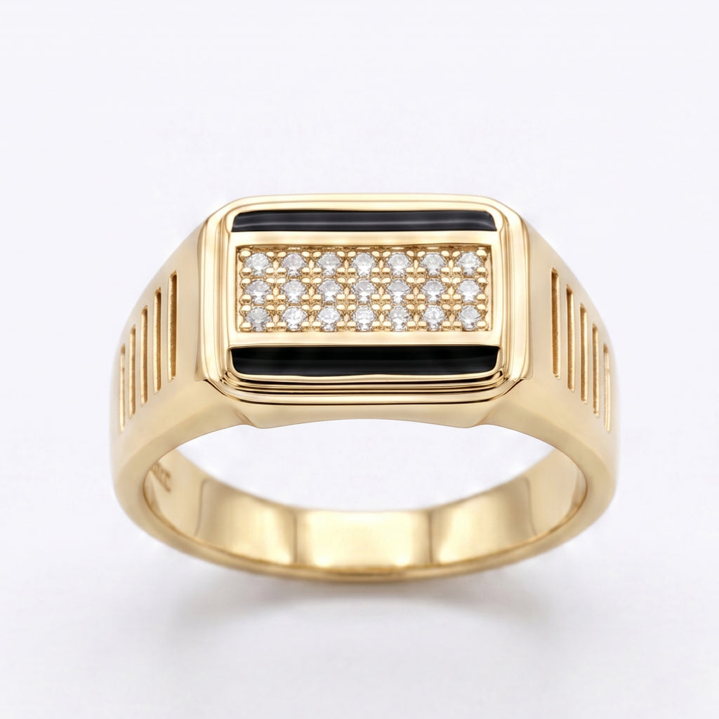 Black Enamel Stripe Pave Signet Ring 18k gold vermeil