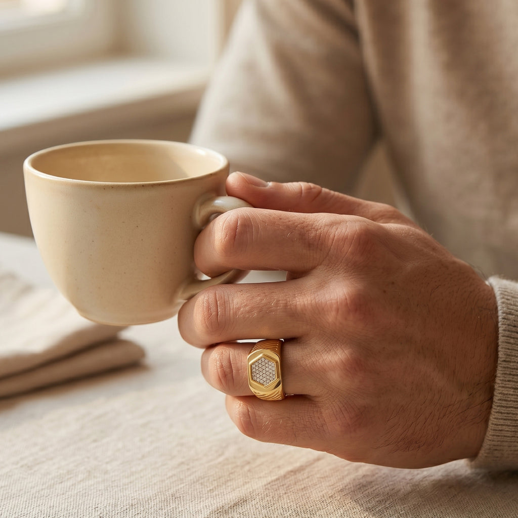 Hexagon Pave Diagonal Groove Signet Ring 18k gold vermeil