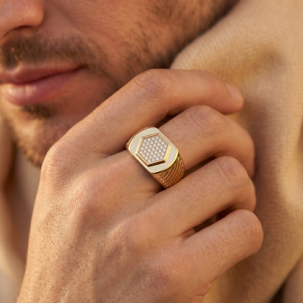 Hexagon Pave Diagonal Groove Signet Ring 18k gold vermeil