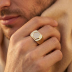 Hexagon Pave Diagonal Groove Signet Ring 18k gold vermeil