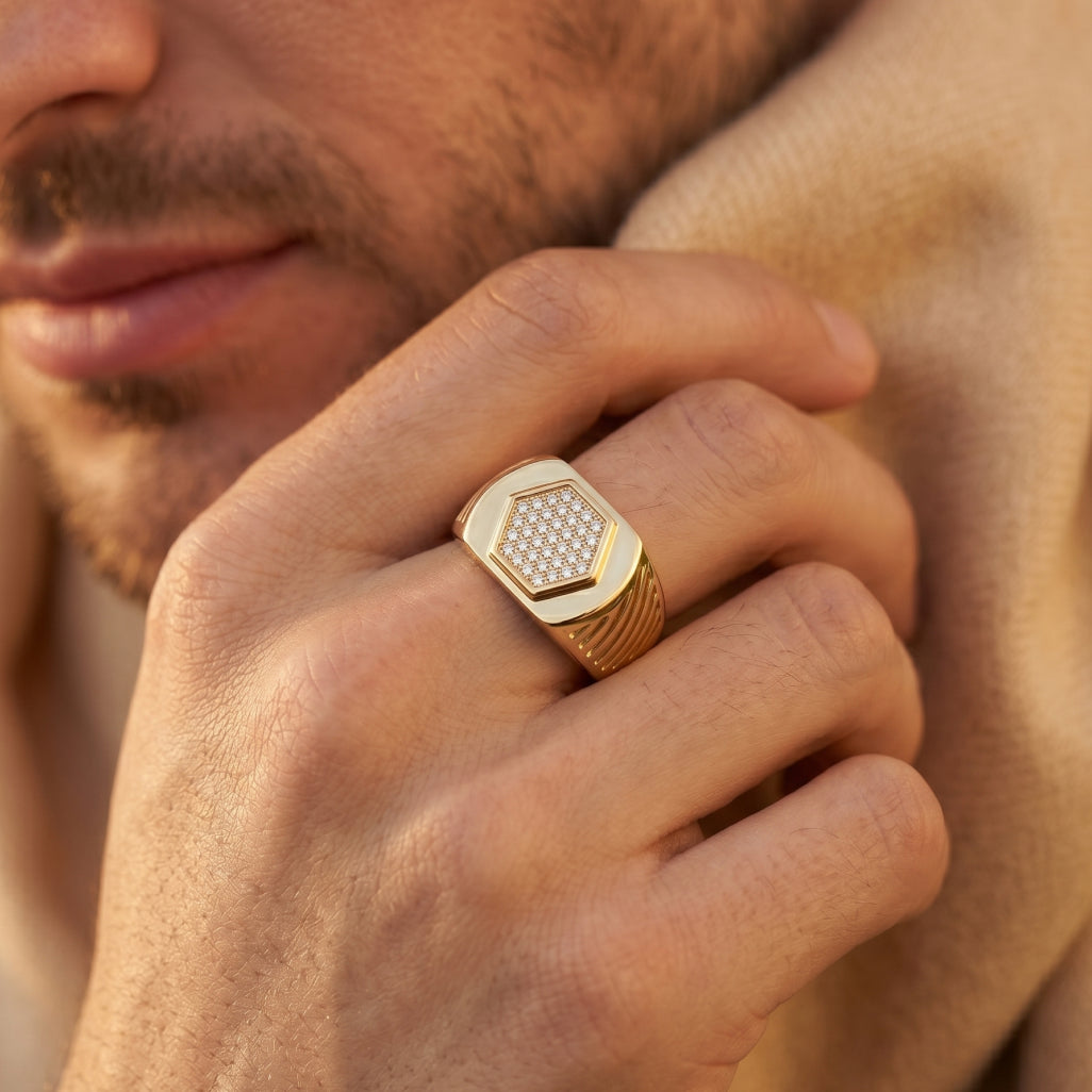 Hexagon Pave Diagonal Groove Signet Ring 18k gold vermeil