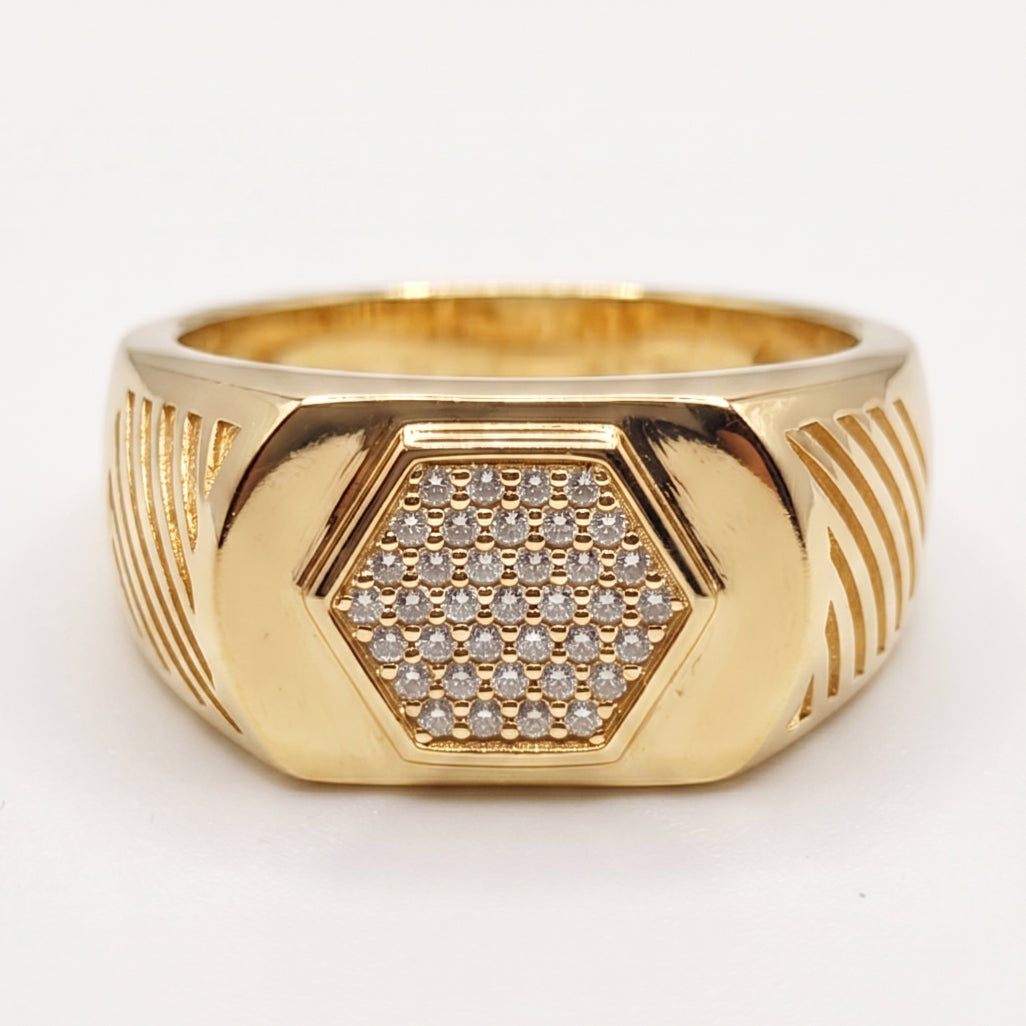 Hexagon Pave Diagonal Groove Signet Ring 18k gold vermeil