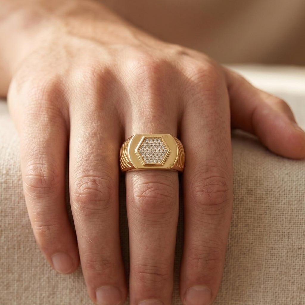 Hexagon Pave Diagonal Groove Signet Ring 18k gold vermeil