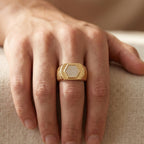 Hexagon Pave Diagonal Groove Signet Ring 18k gold vermeil