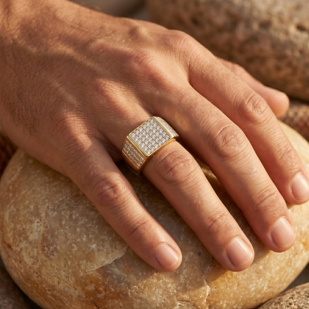 Wide Full Pave Rectangular Signet Ring 18k gold vermeil