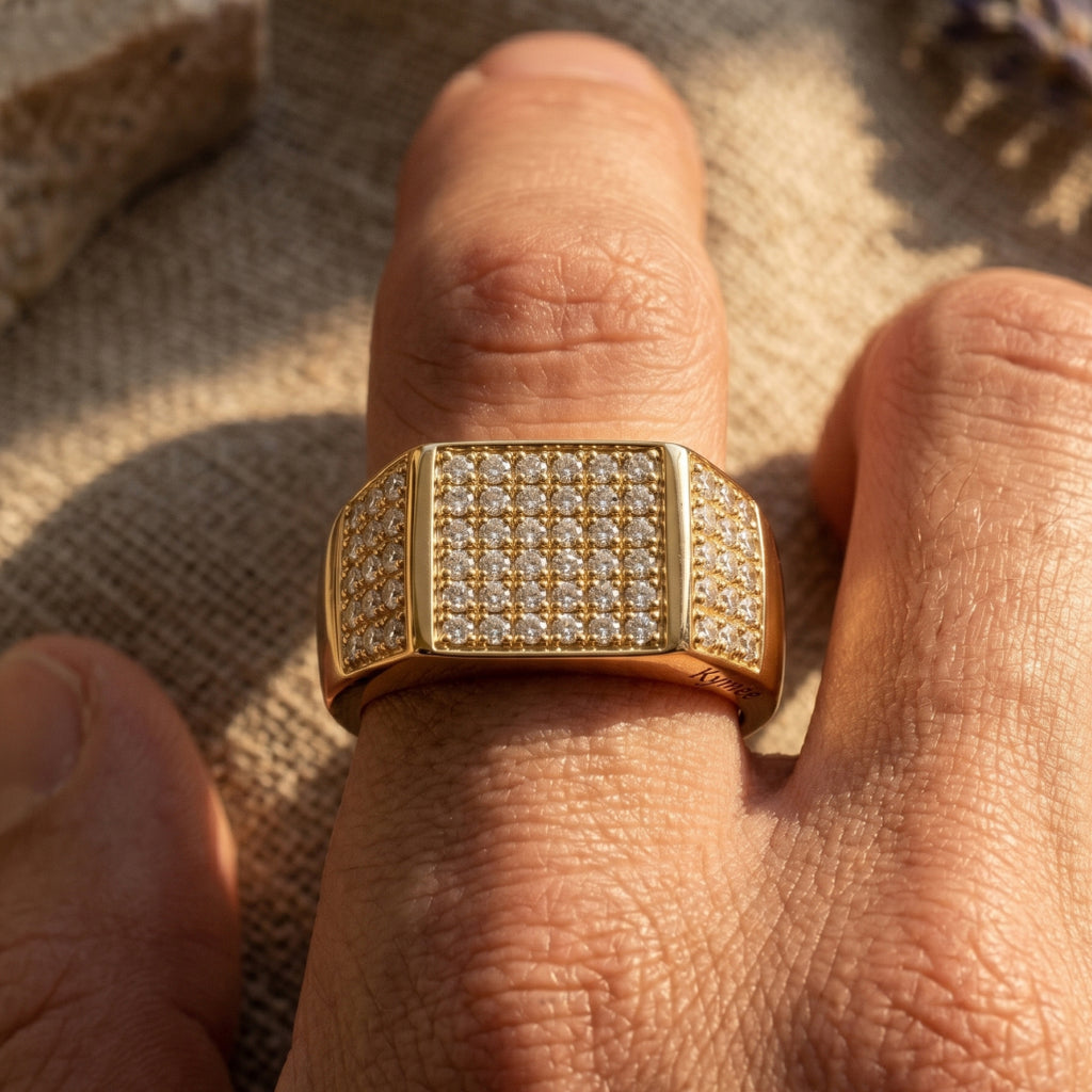 Wide Full Pave Rectangular Signet Ring 18k gold vermeil