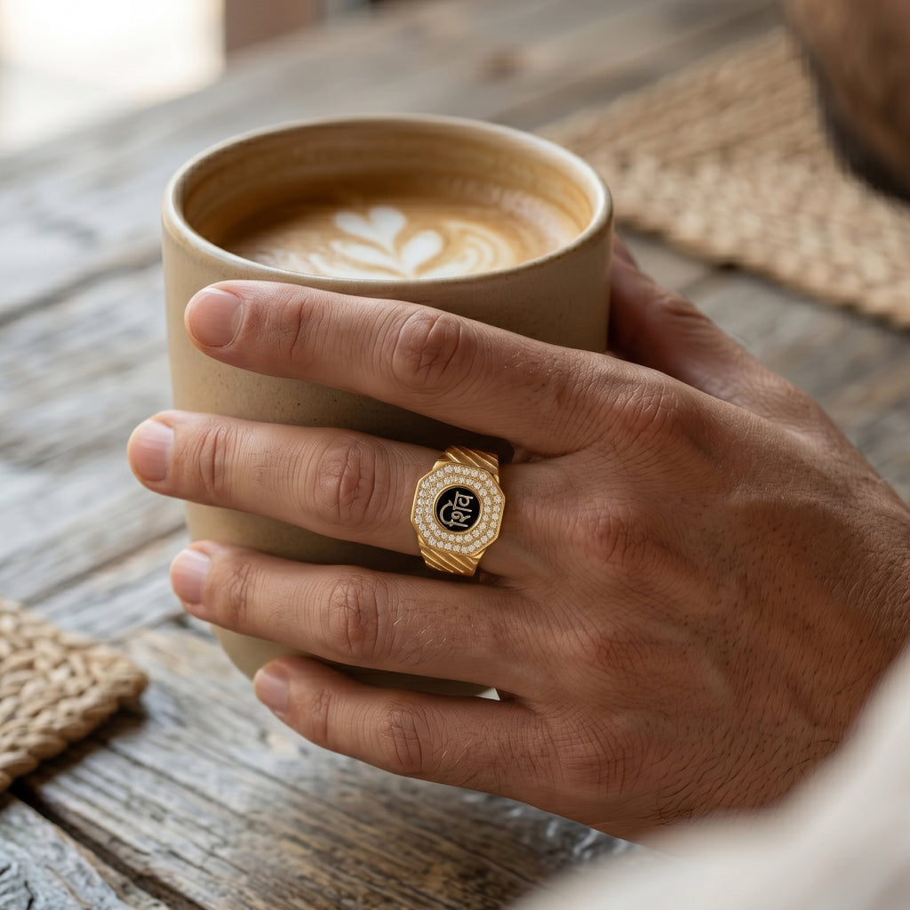 Octagon Double Halo Script Signet Ring 18k gold vermeil