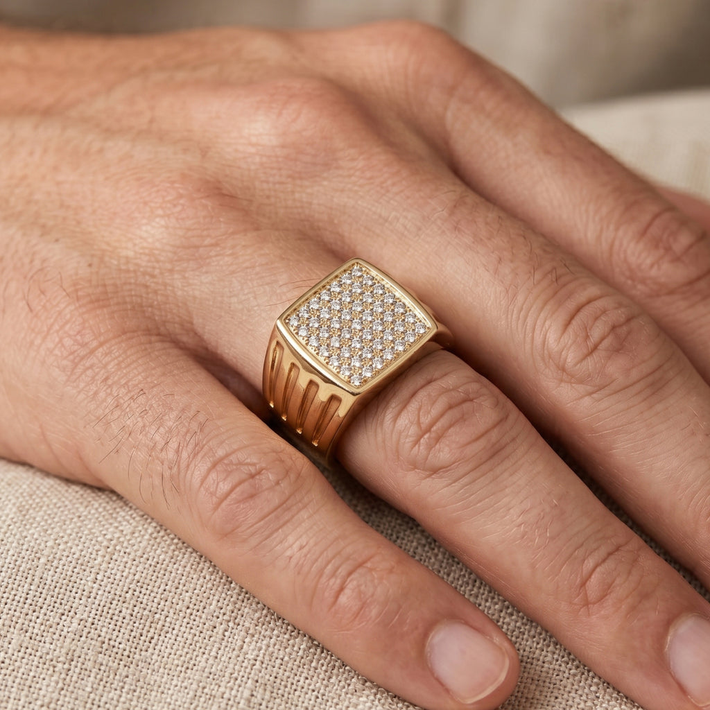 Full Pave Square Cut-Shoulder Signet Ring 18k gold vermeil