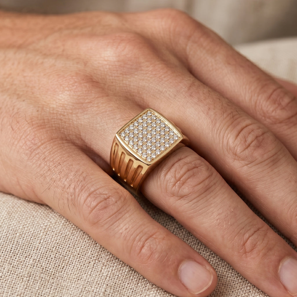 Full Pave Square Cut-Shoulder Signet Ring 18k gold vermeil