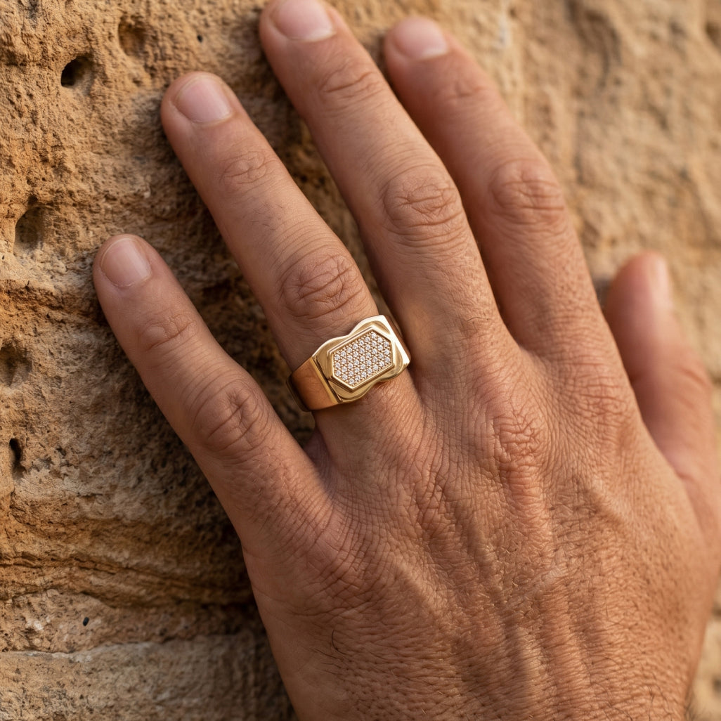 Pave Hexagon Waist Signet Ring 18k gold vermeil