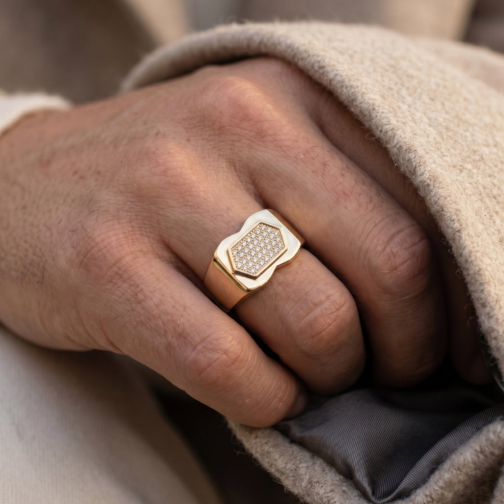 Pave Hexagon Waist Signet Ring 18k gold vermeil