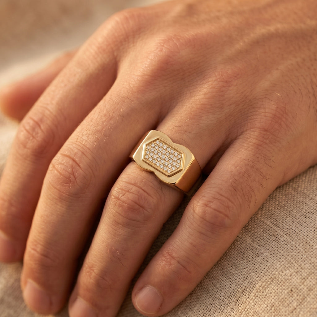 Pave Hexagon Waist Signet Ring 18k gold vermeil