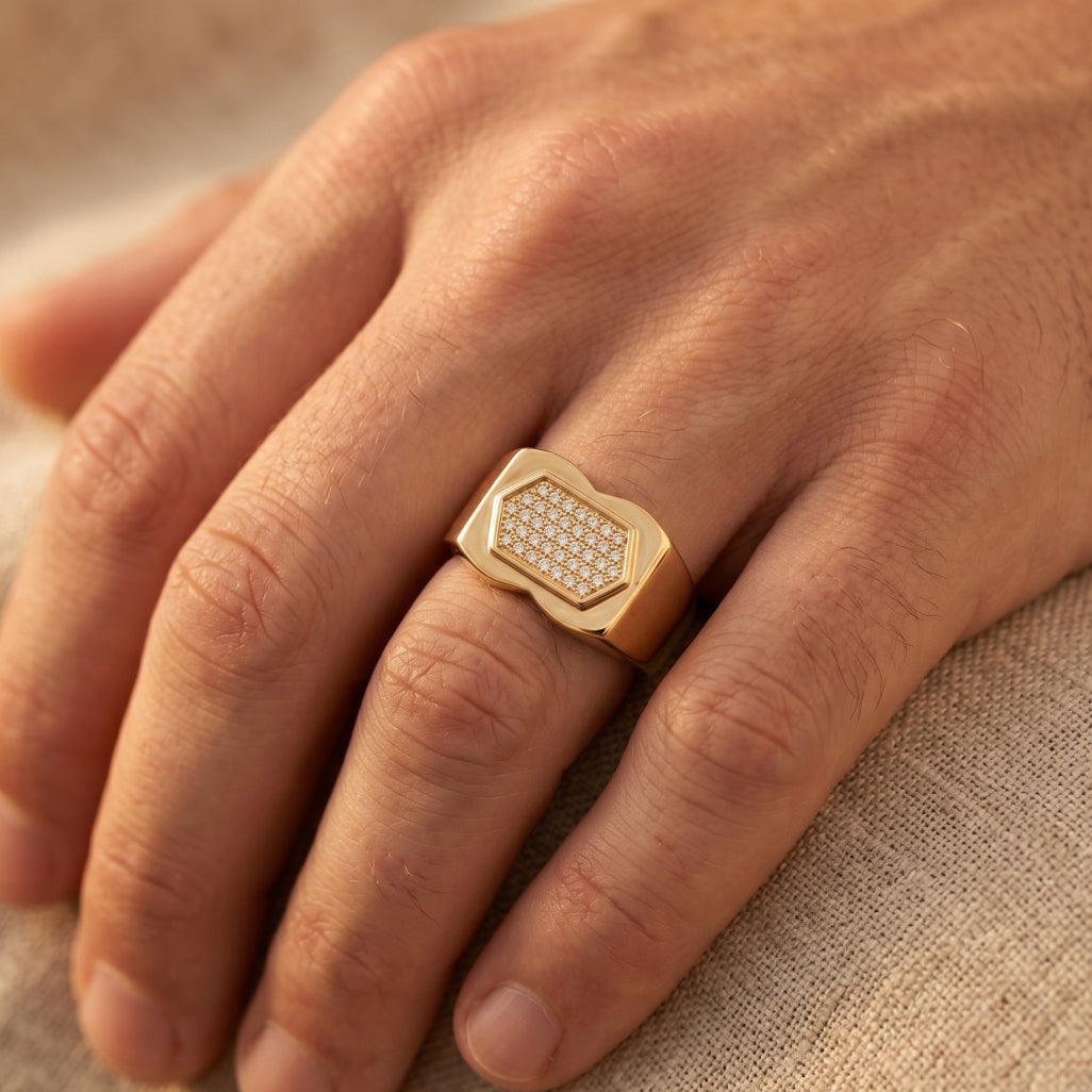 Pave Hexagon Waist Signet Ring 18k gold vermeil