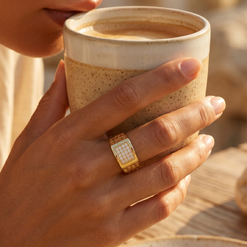 Pave Square Geometric Engraved Grille Signet Ring 18k gold vermeil