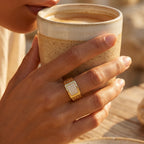 Pave Square Geometric Engraved Grille Signet Ring 18k gold vermeil
