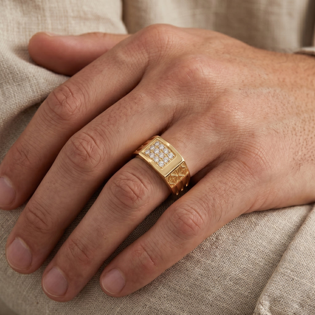 Pave Square Geometric Engraved Grille Signet Ring 18k gold vermeil