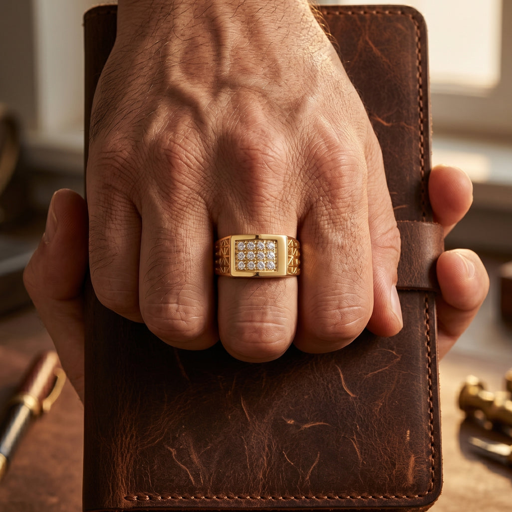 Pave Square Geometric Engraved Grille Signet Ring 18k gold vermeil