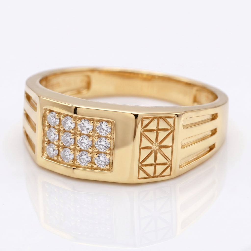 Pave Square Geometric Engraved Grille Signet Ring 18k gold vermeil