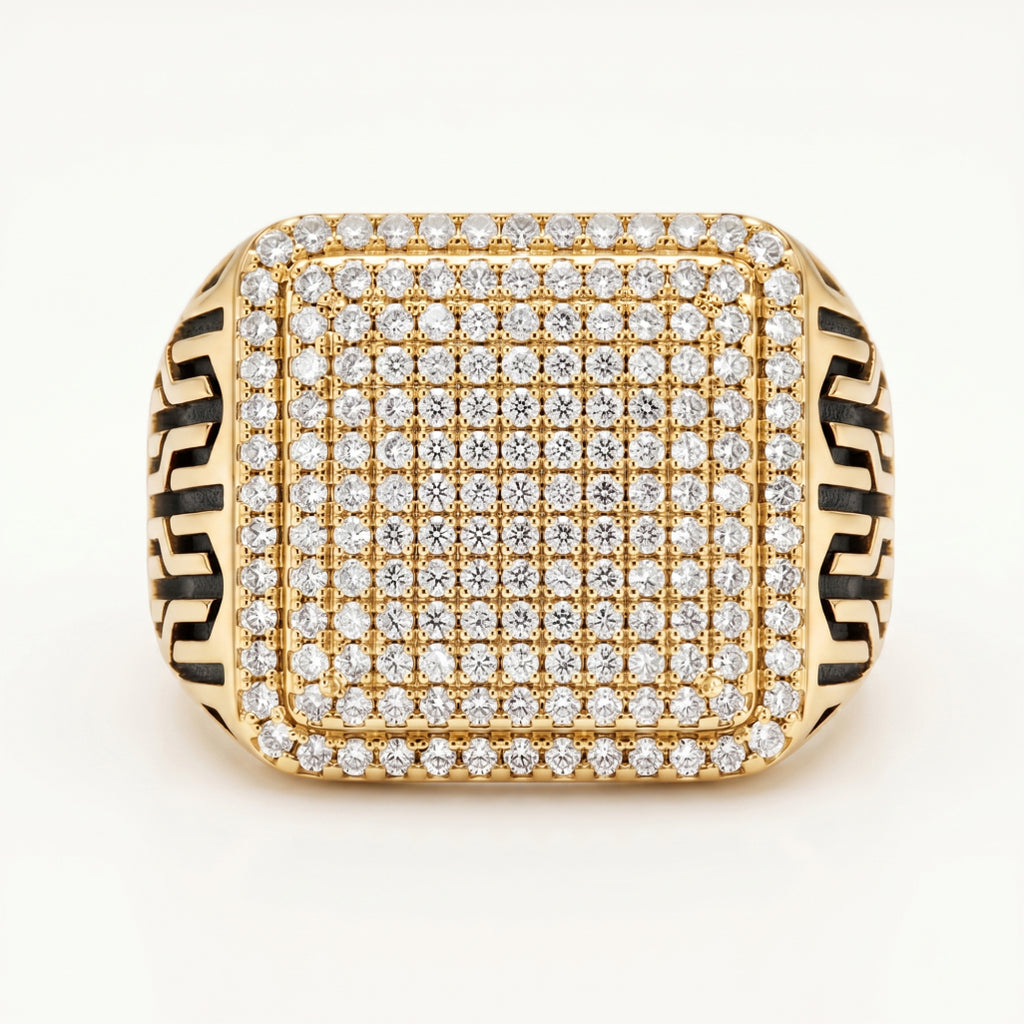 Mega Full Pave Square Black Enamel Grille Signet Ring 18k gold vermeil