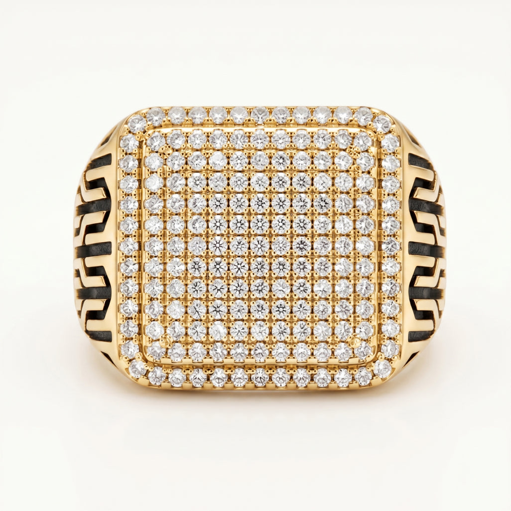 Mega Full Pave Square Black Enamel Grille Signet Ring 18k gold vermeil