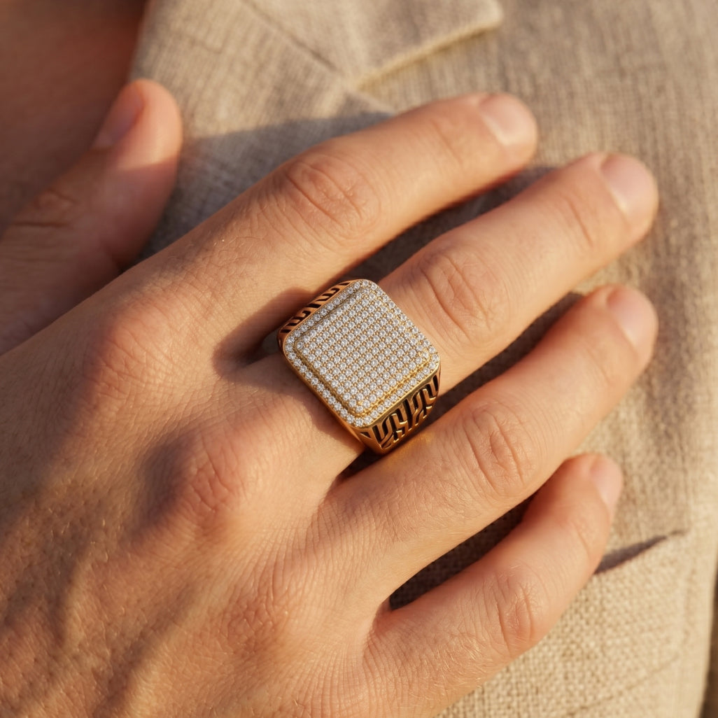 Mega Full Pave Square Black Enamel Grille Signet Ring 18k gold vermeil