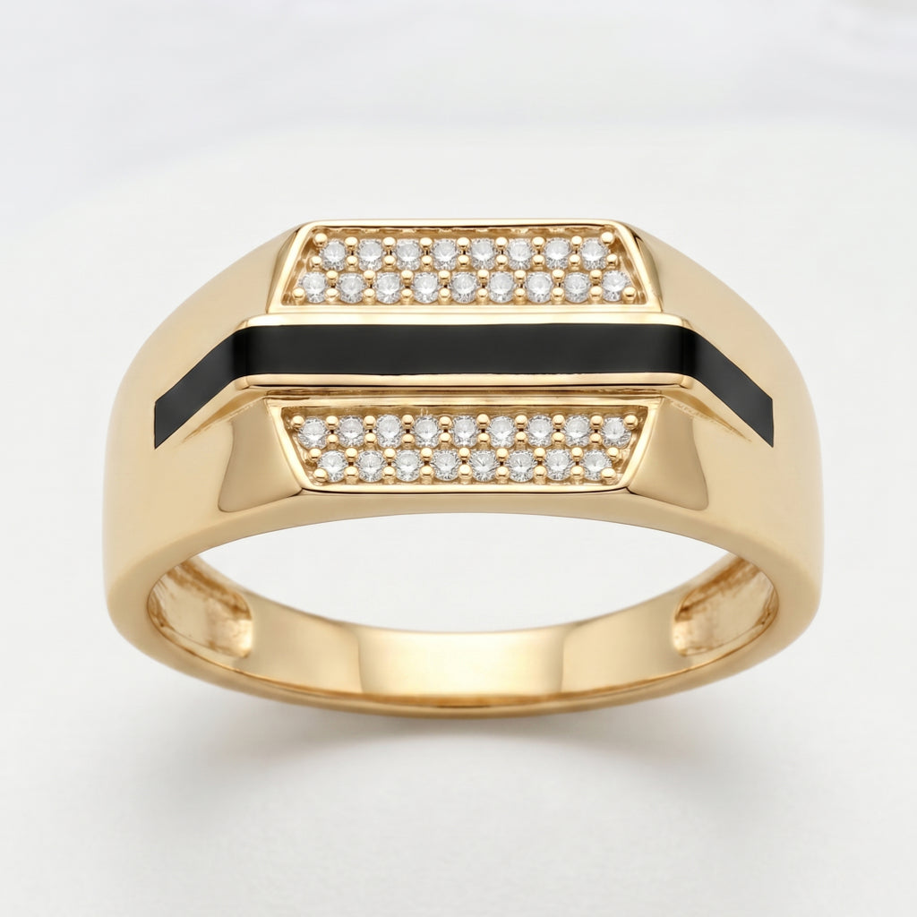 Black Enamel Stripe Dual Pave Row Signet Ring 18k gold vermeil