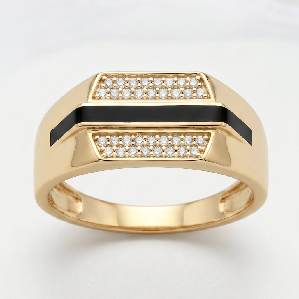 Black Enamel Stripe Dual Pave Row Signet Ring 18k gold vermeil