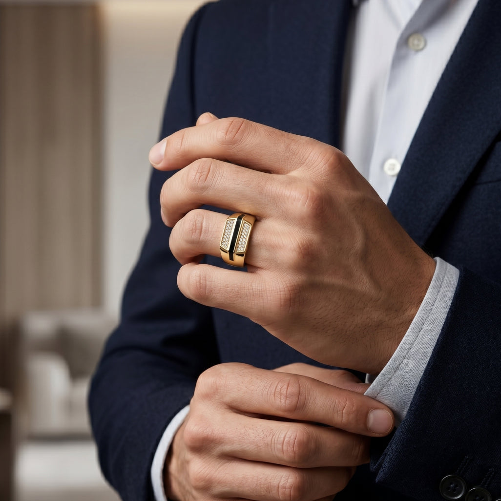 Black Enamel Stripe Dual Pave Row Signet Ring 18k gold vermeil