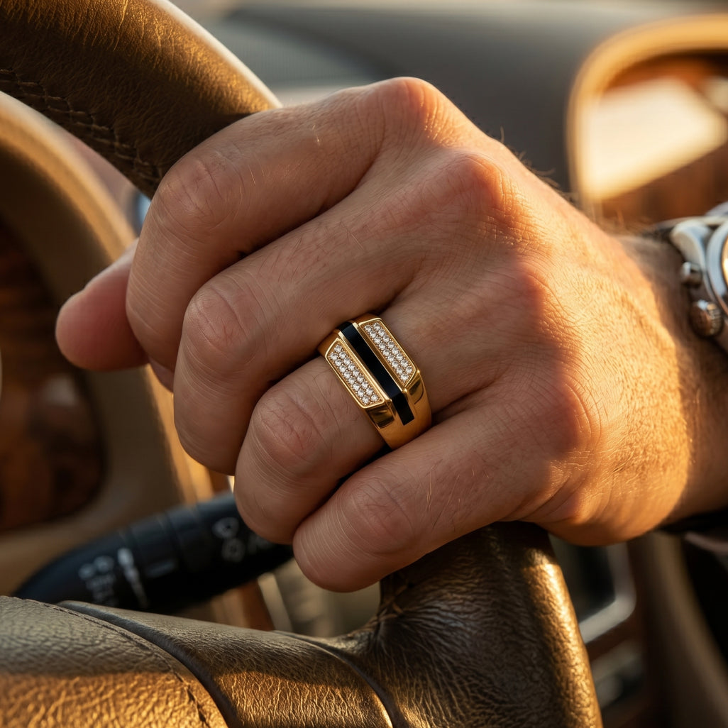Black Enamel Stripe Dual Pave Row Signet Ring 18k gold vermeil