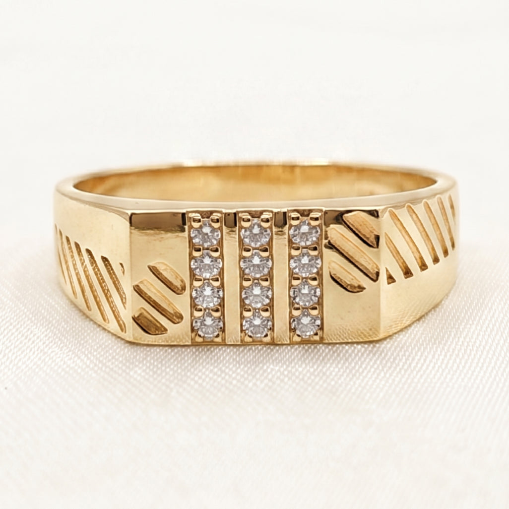 Triple Column Diagonal Groove Signet Ring 18k gold vermeil