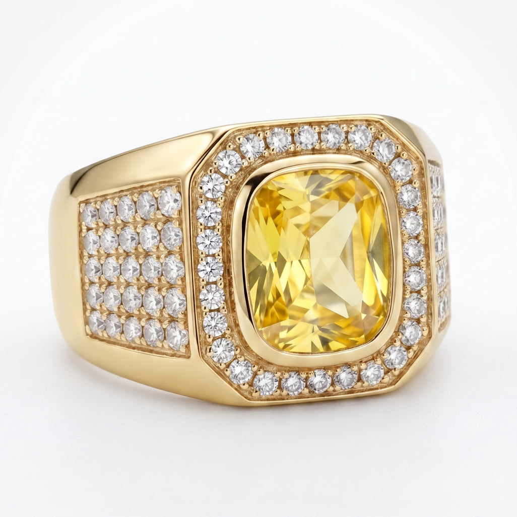 Yellow Citrine Bezel Halo Pave Shoulder Signet Ring 18k gold vermeil