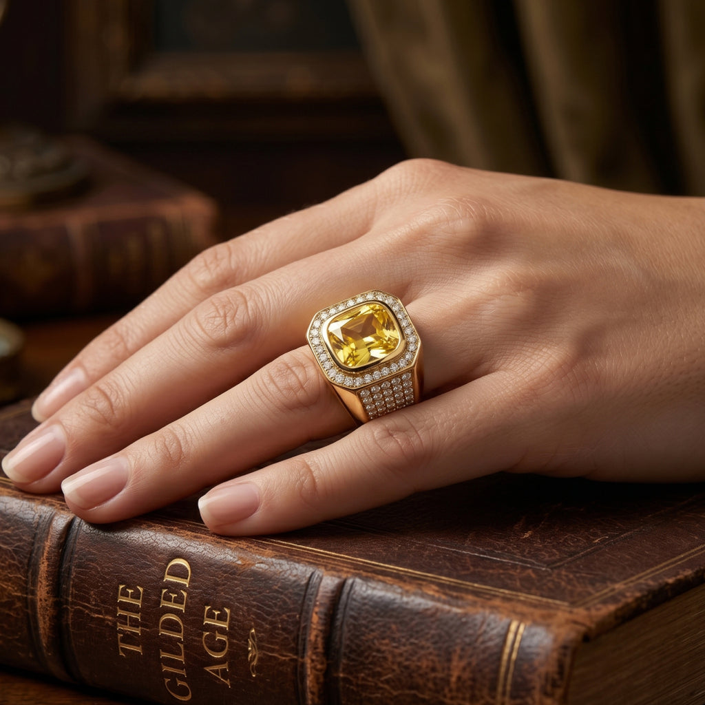 Yellow Citrine Bezel Halo Pave Shoulder Signet Ring 18k gold vermeil