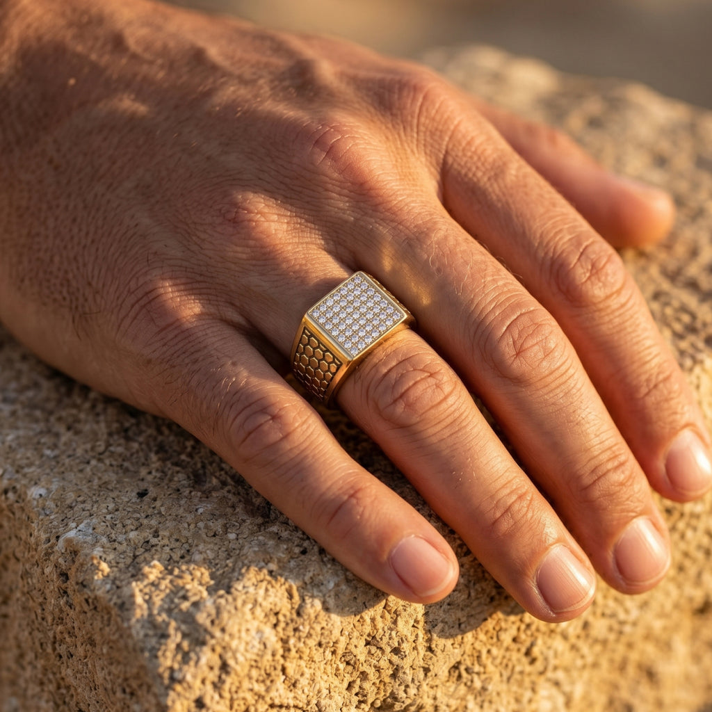 Full Pave Square Honeycomb Texture Shoulder Ring 18k gold vermeil