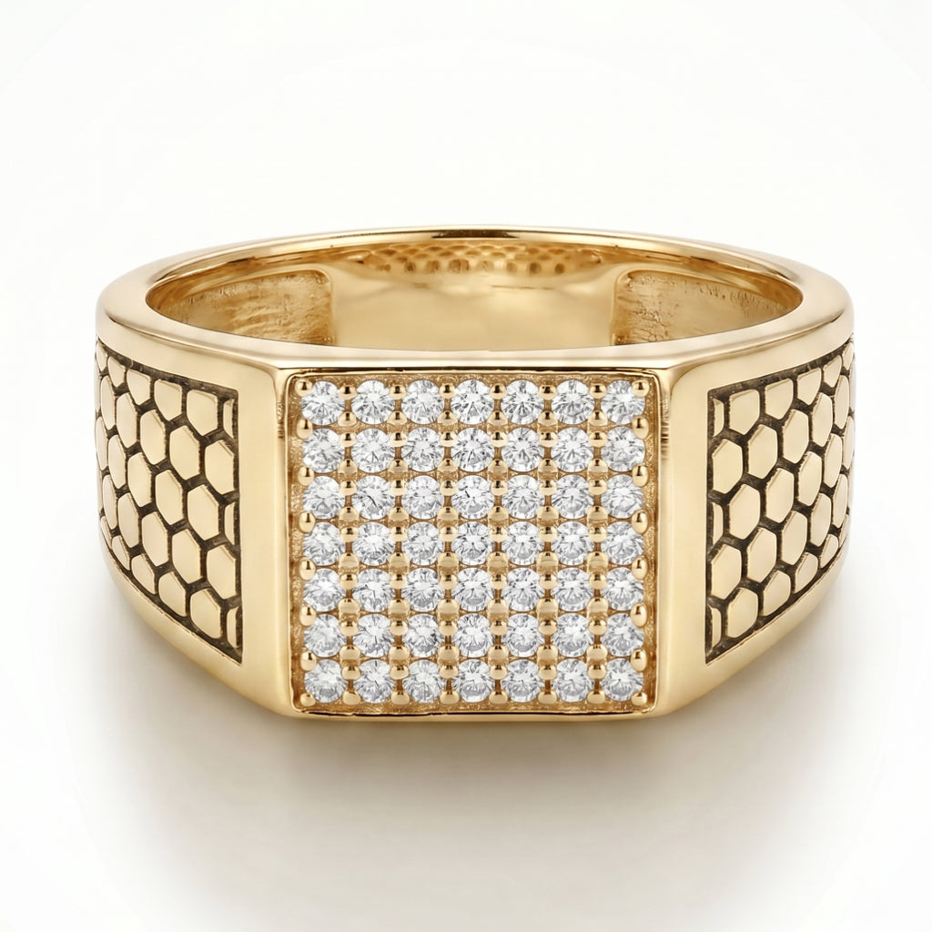 Full Pave Square Honeycomb Texture Shoulder Ring 18k gold vermeil