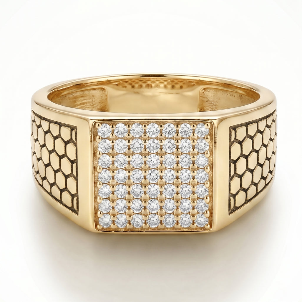 Full Pave Square Honeycomb Texture Shoulder Ring 18k gold vermeil