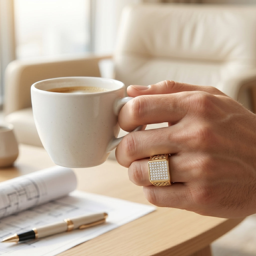 Full Pave Square Honeycomb Texture Shoulder Ring 18k gold vermeil