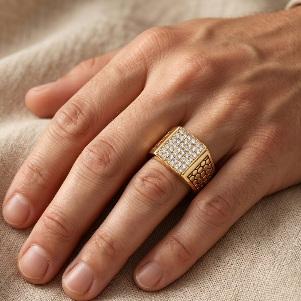 Full Pave Square Honeycomb Texture Shoulder Ring 18k gold vermeil