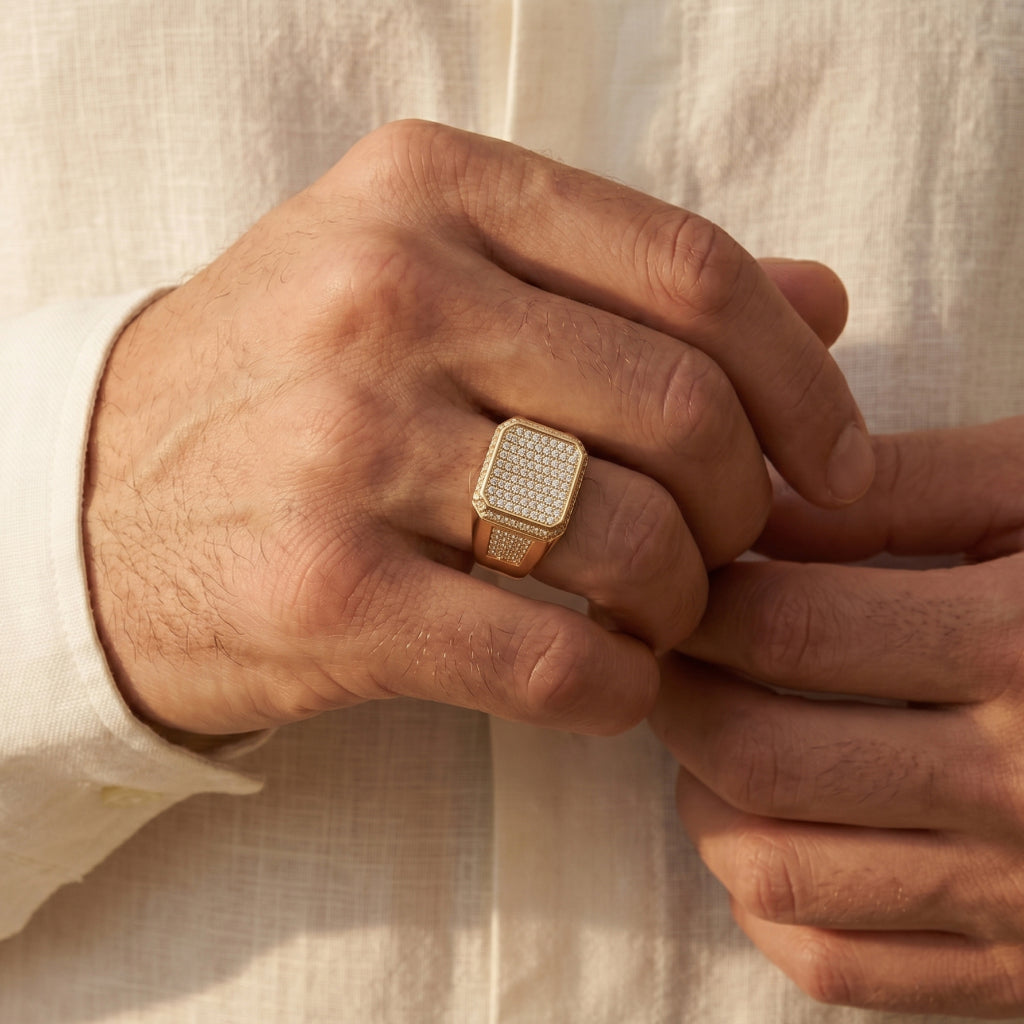 Tall Baguette Pave Square Raised Signet Ring 18k gold vermeil