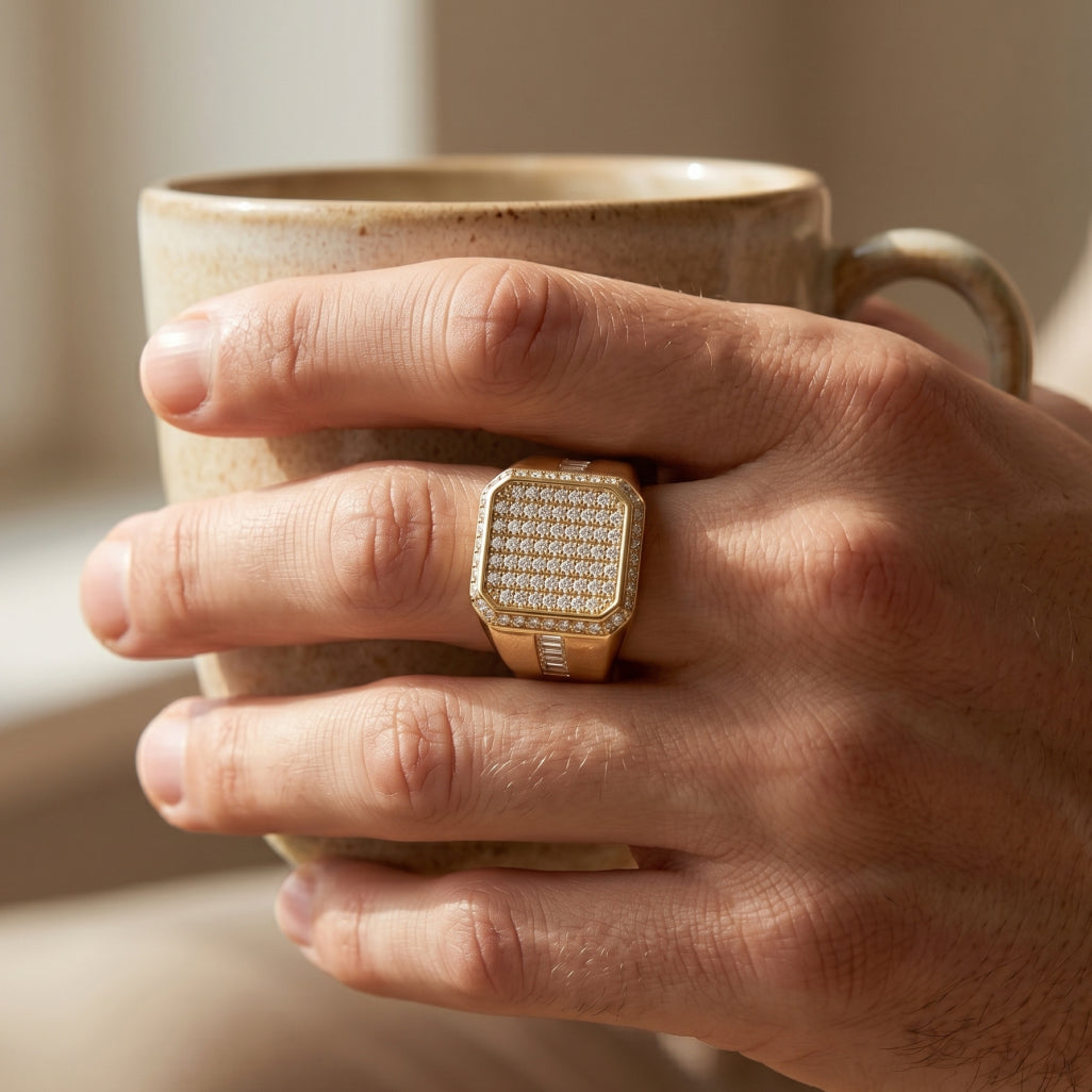 Tall Baguette Pave Square Raised Signet Ring 18k gold vermeil