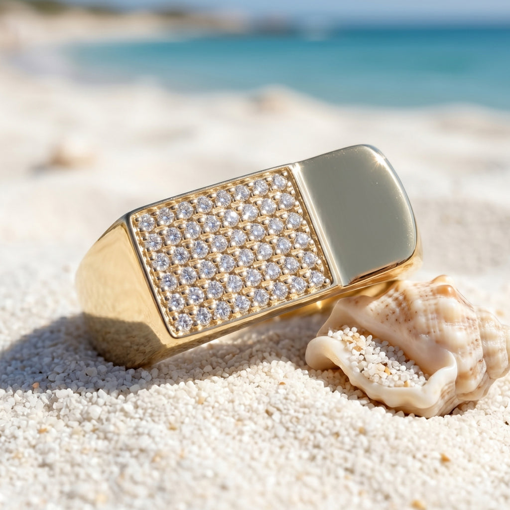 Half Pave Half Mirror Rectangular Signet Ring 18k gold vermeil